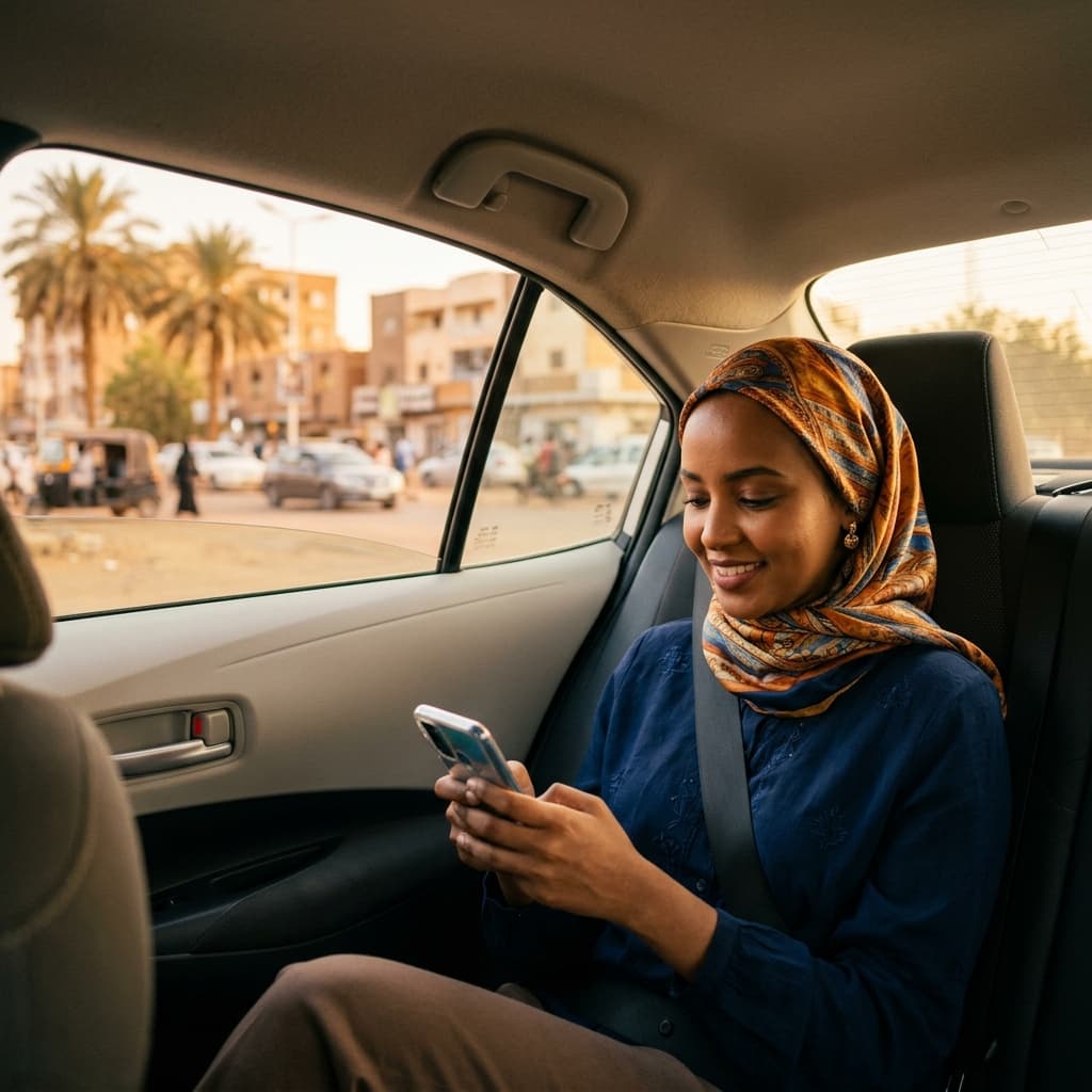 راكبة سودانية سعيدة تستخدم تطبيق راحتك